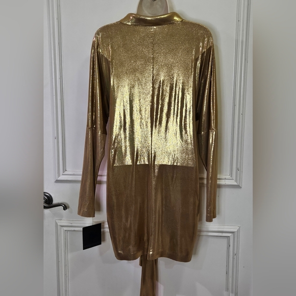 Norma Kamali Gold Metallic Tie Front Long Sleeve Mini Dress,Size Medium/38,NWT - Picture 11 of 16
